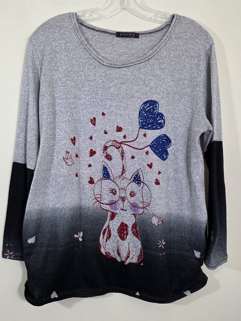 Kokirika Gray Ombre Cat Rhinstone Graphic Pullover With Scrunch Sides Size Large